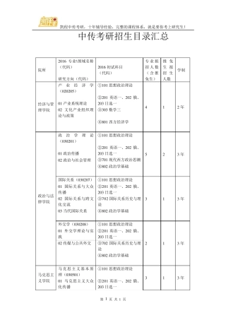 2017中传考研招生目录汇总