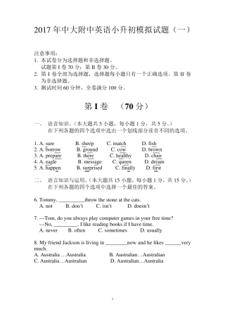 2017中大附中小升初英语入学模拟测试题