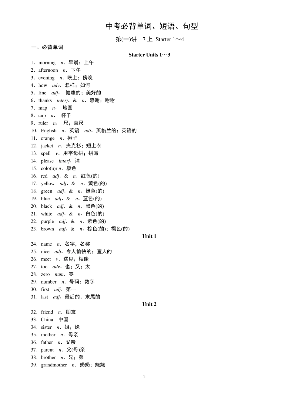 2017人教版初中英语各单元必备单词、短语、句型_第1页