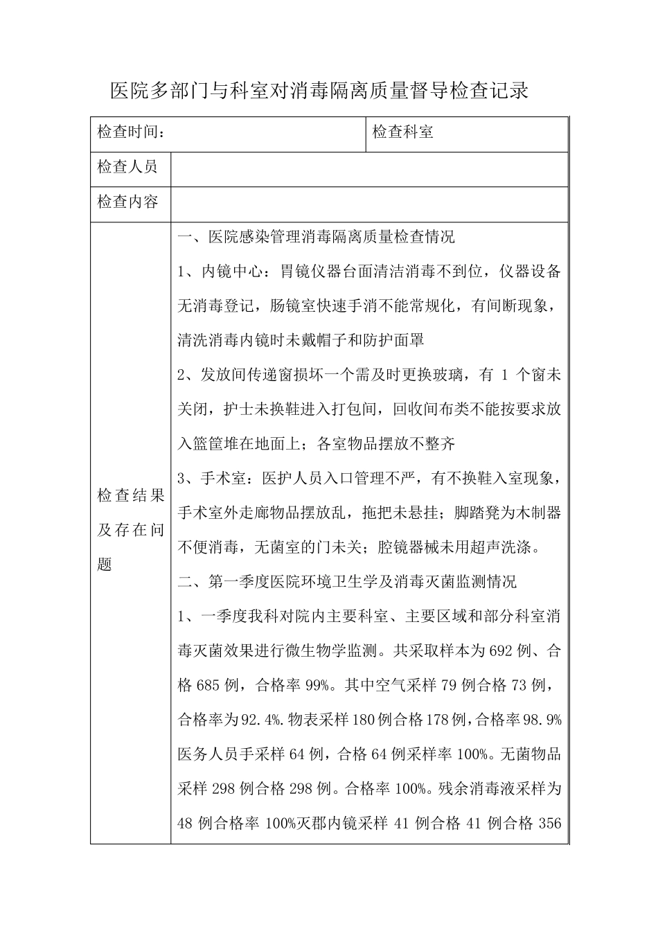 2017医院多部门与科室协作消毒隔离质量督导检查记录_第1页