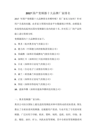 2017国产变频器十大品牌厂家排名