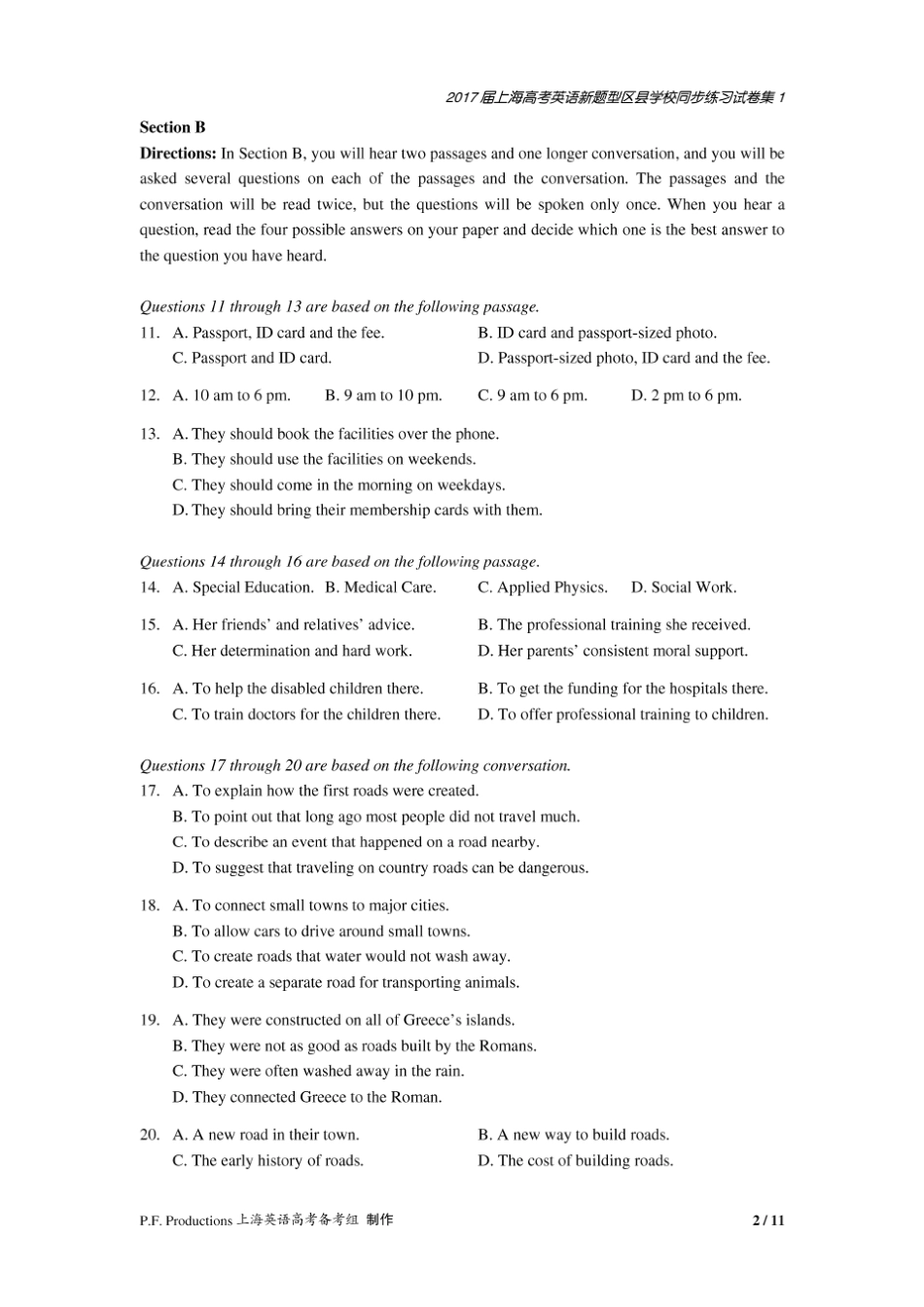 2017届上海高考英语新题型区县学校同步练习试卷集12016年十月高考新题型定位卷(含答案及听力)_第2页