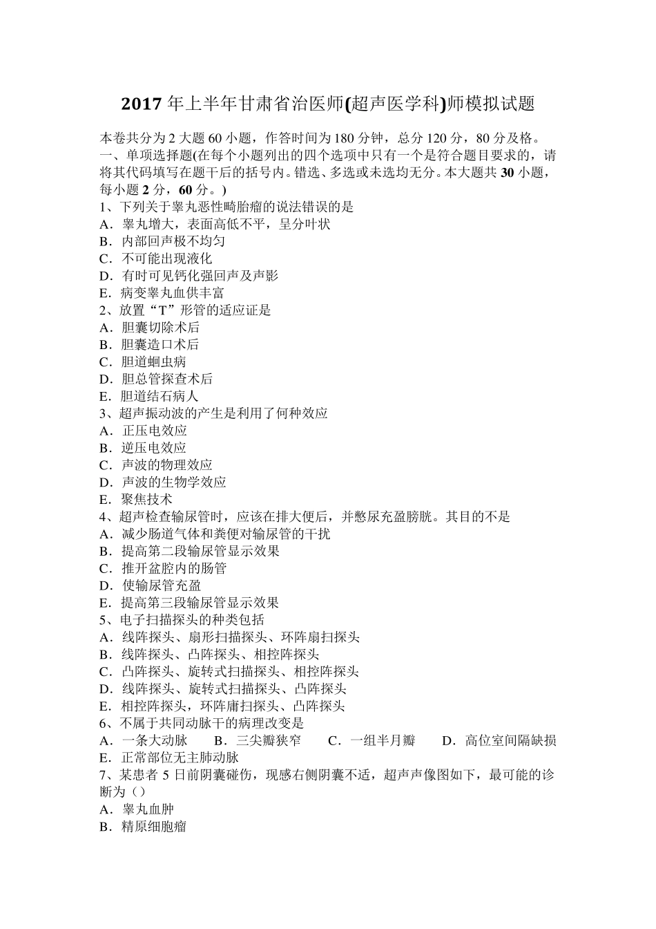 2017年上半年甘肃省治医师(超声医学科)师模拟试题_第1页