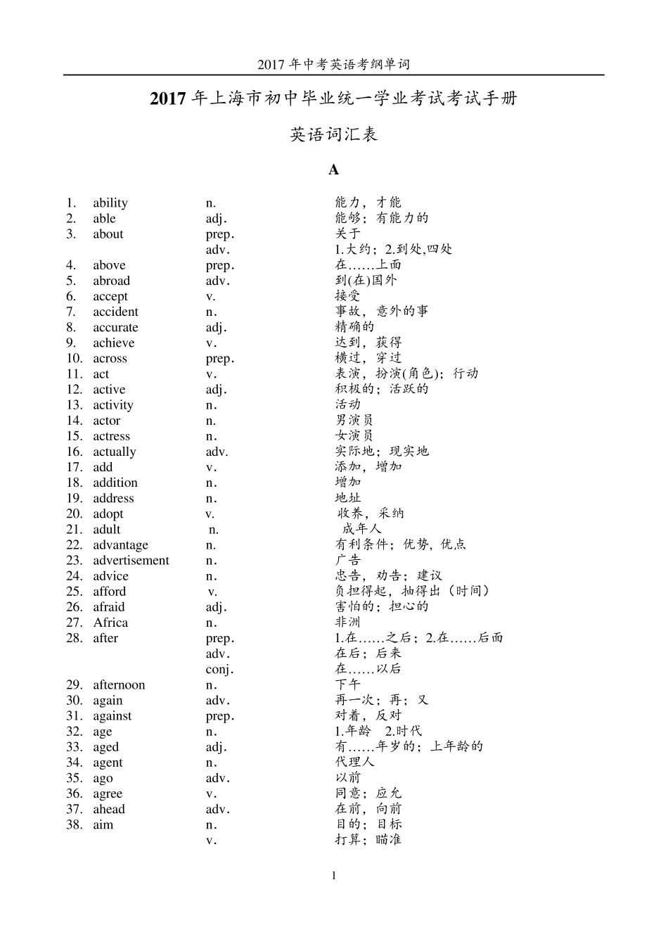 2017年上海中考英语考纲单词表_第1页
