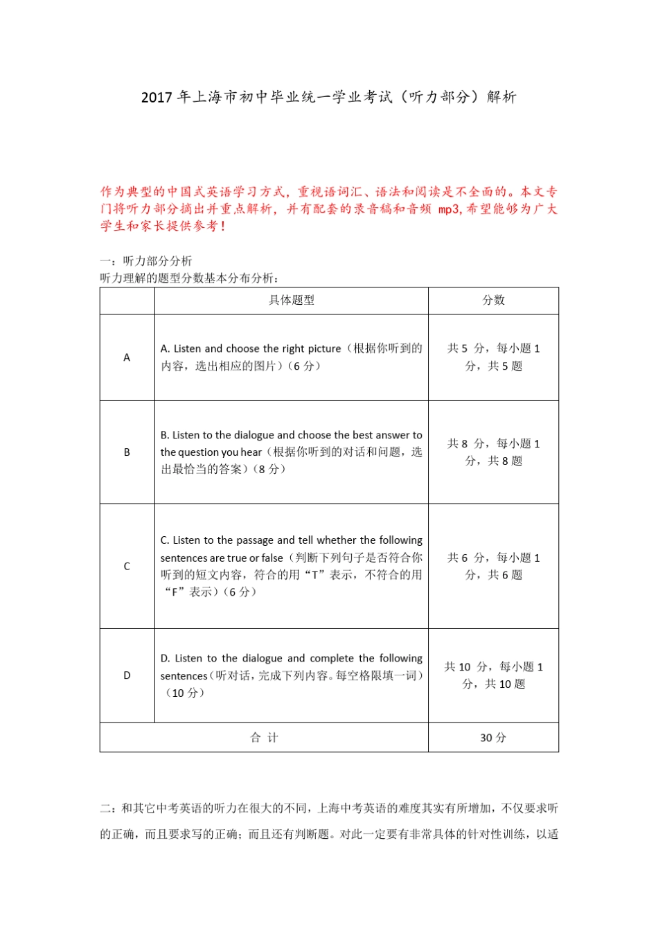 2017年上海市中考英语真题(听力部分)+解析+MP3音频+录音稿+心得_第1页