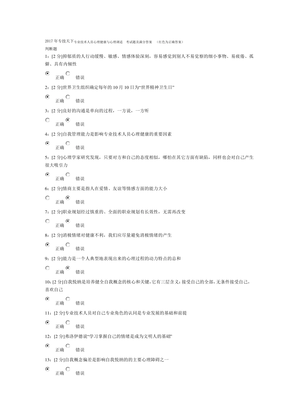 2017年专技天下专业技术人员心理健康与心理调适考试题及满分答案_第1页