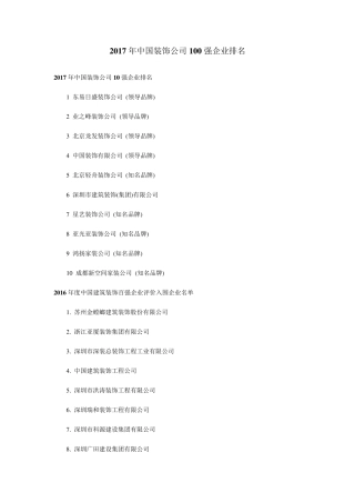 2017年中国装饰公司100强企业排名