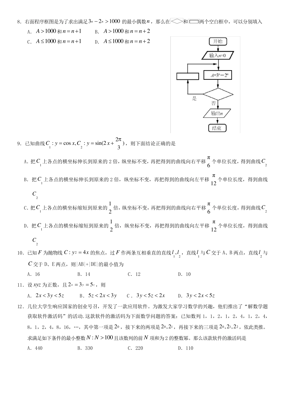 2017年全国高考理科数学(全国一卷)试题及答案_第2页
