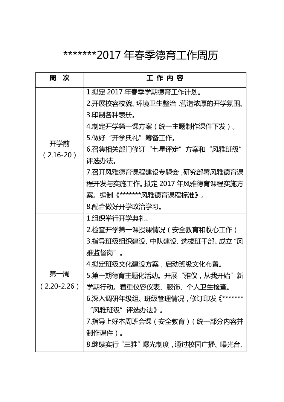 2017年春季德育工作周历_第1页