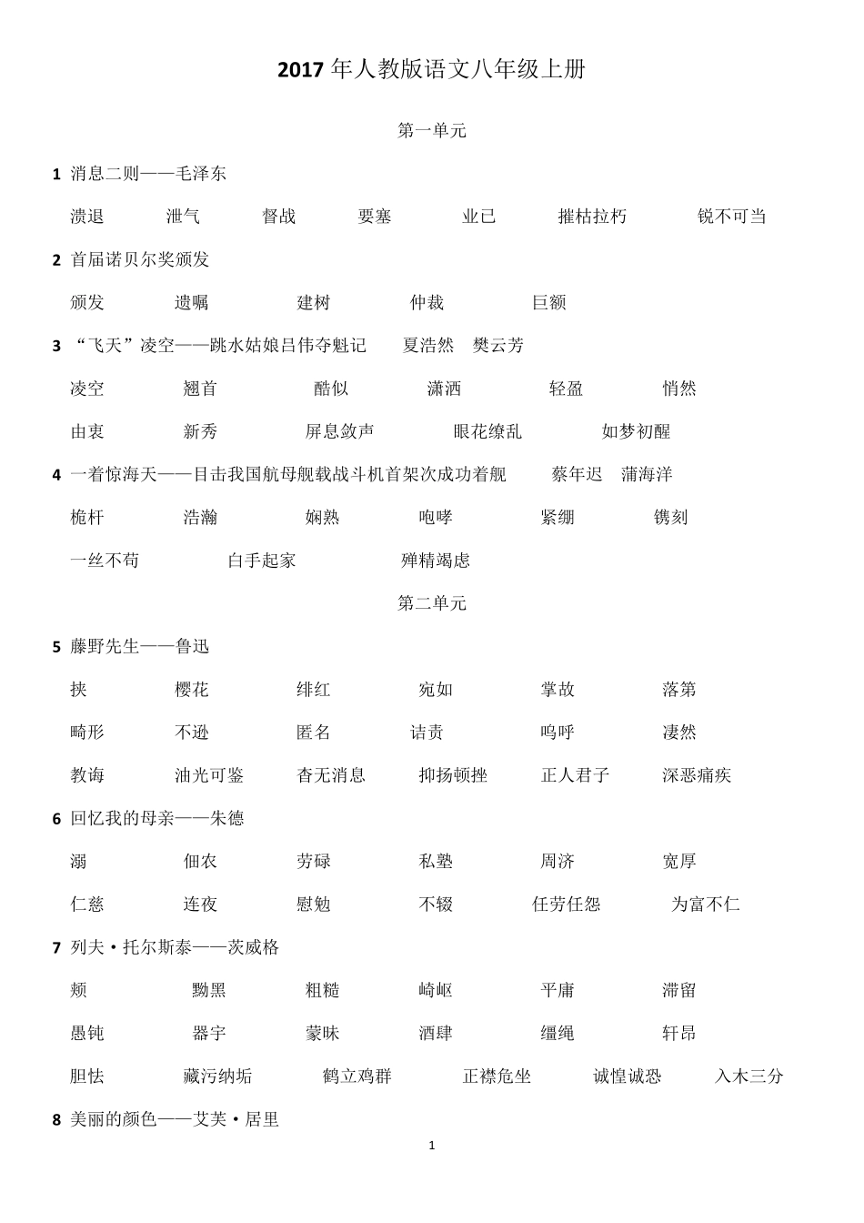 2017年最新人教版八年级语文上册字词及背诵_第1页