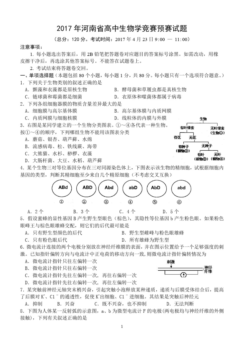 2017年河南省高中生物竞赛预赛试题及答案_第1页