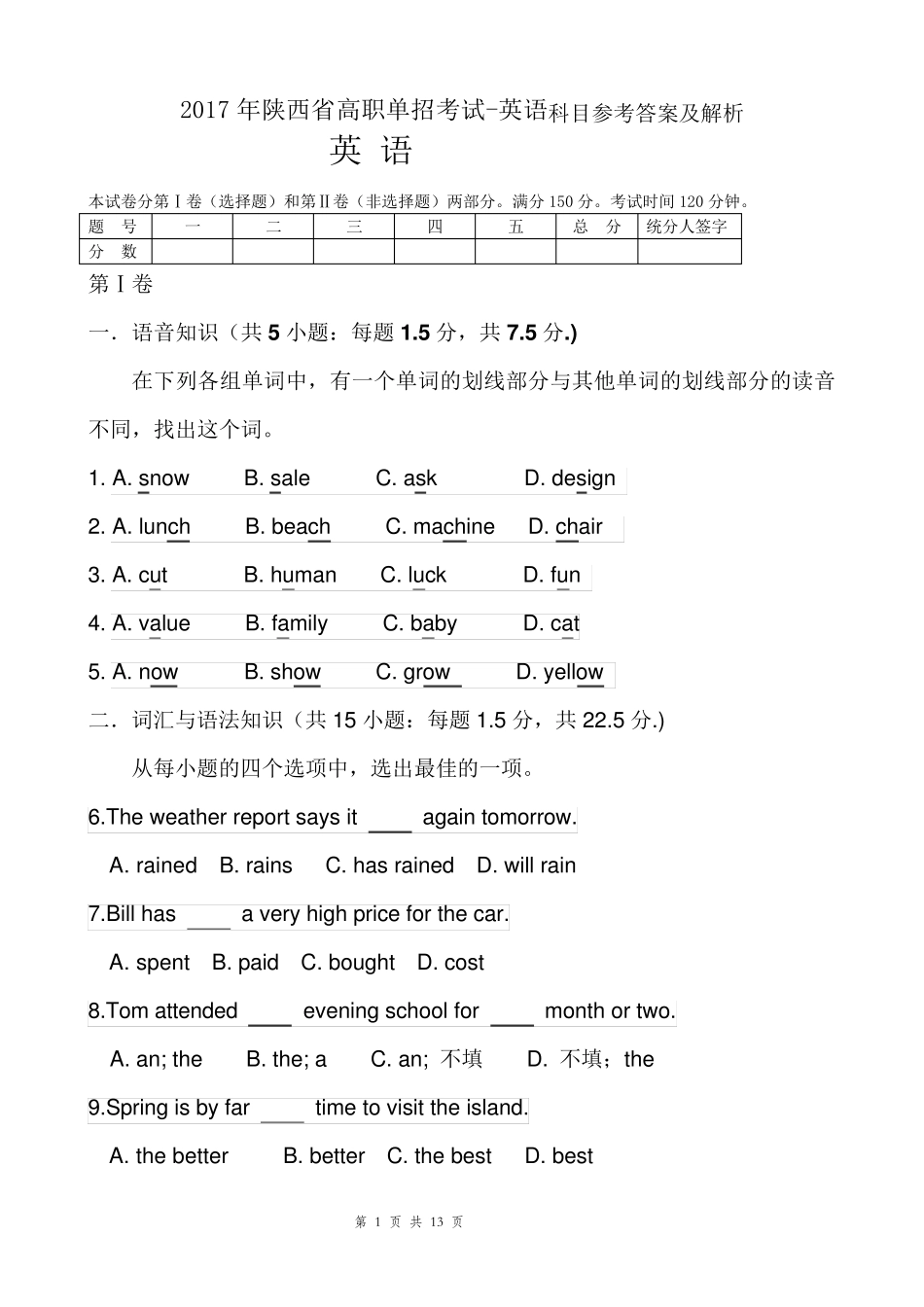 2017年陕西单招示范高职考试英语试卷_第1页