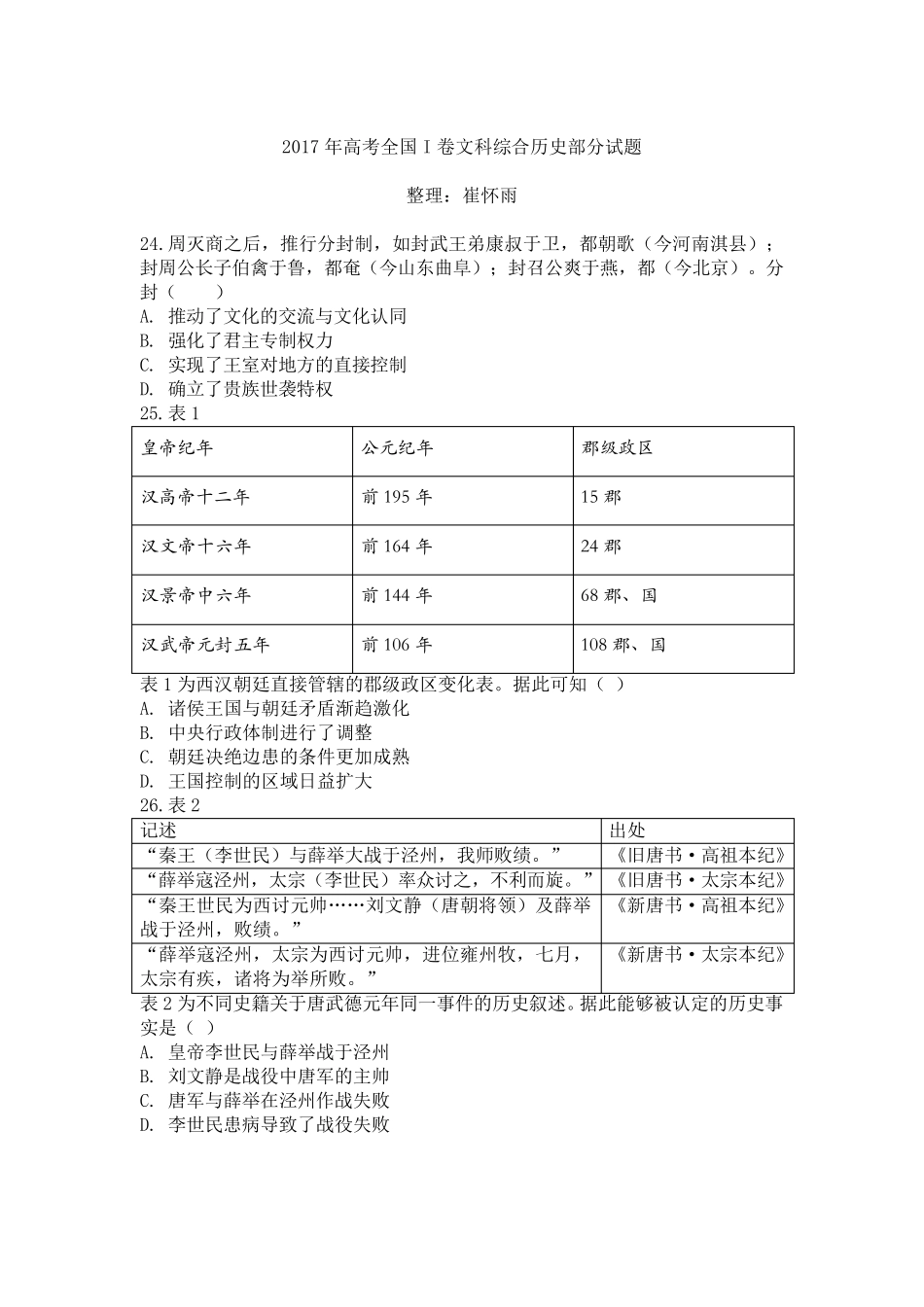 2017年高考全国卷I文科综合历史部分试题_第1页