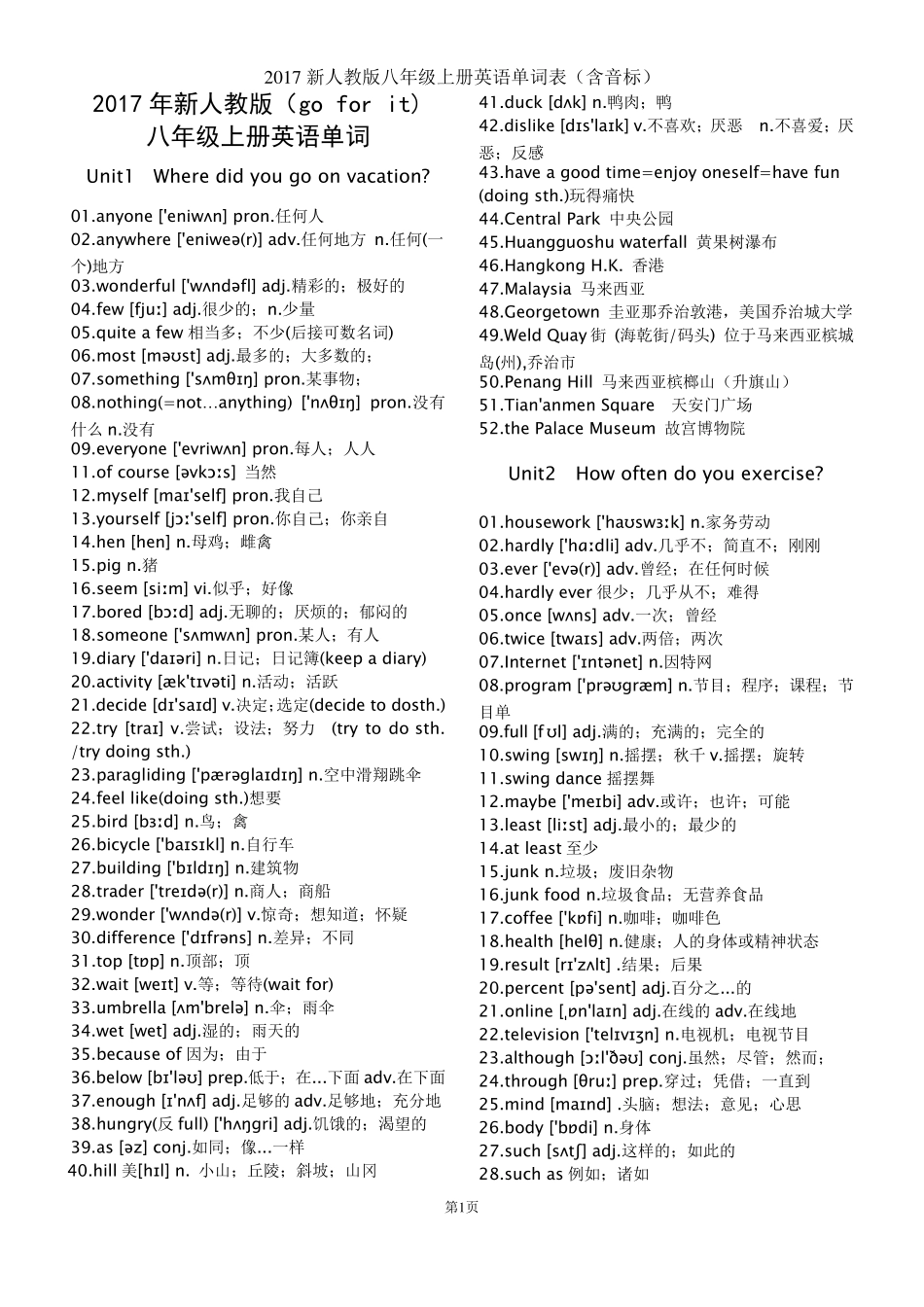 2017新人教版八年级上册英语单词表(含音标全册)_第1页