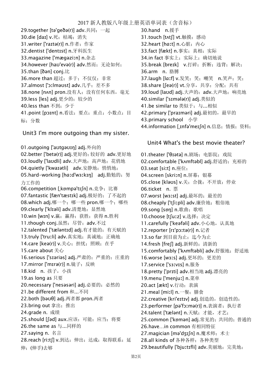 2017新人教版八年级上册英语单词表(含音标全册)_第2页