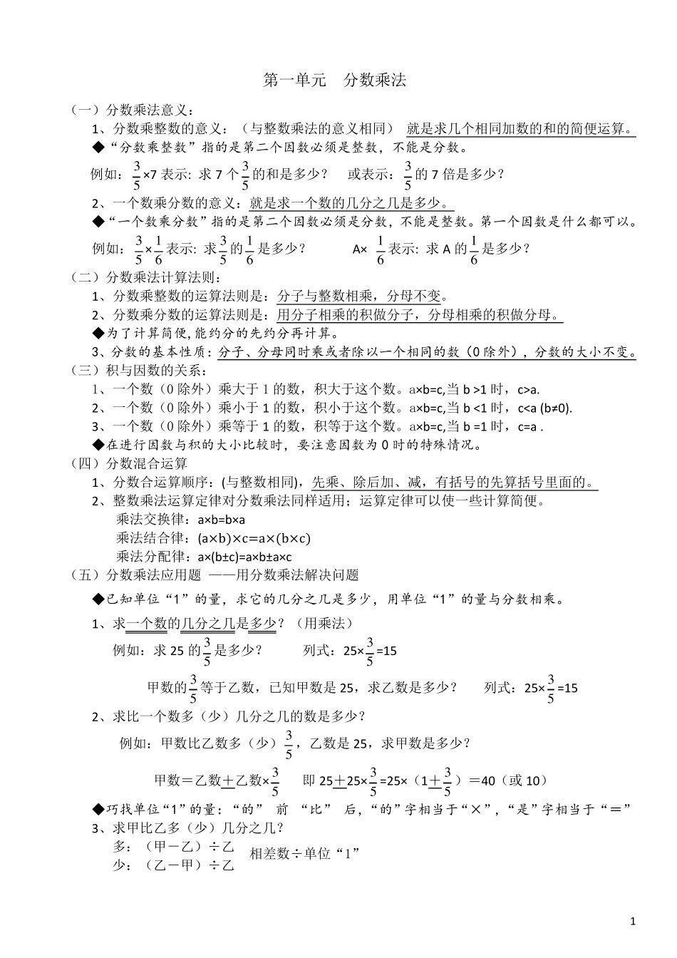 2017新人教版数学六年级上册总复习知识点整理归纳整理_第1页