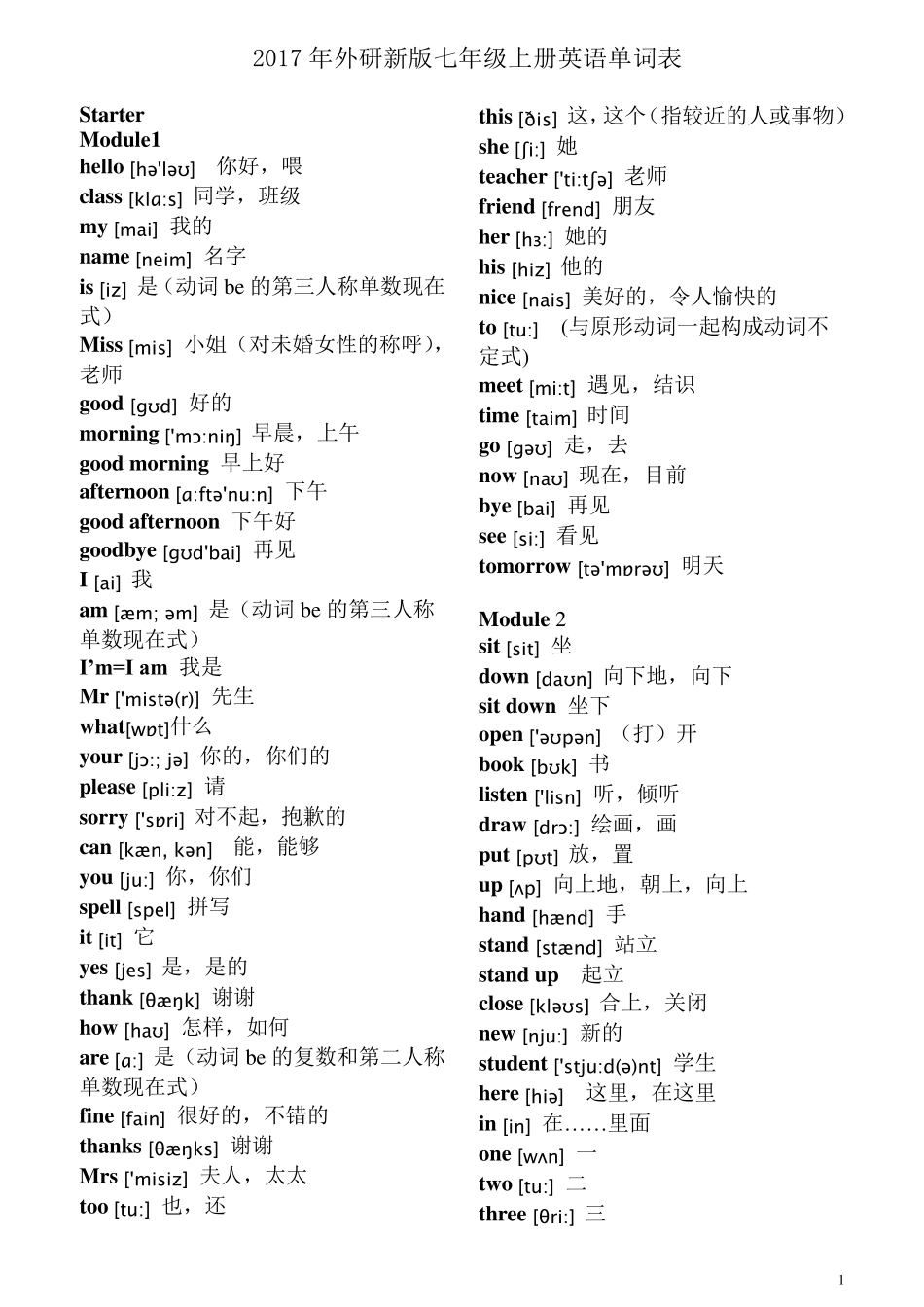 2017新外研版七年级上册单词带音标_第1页
