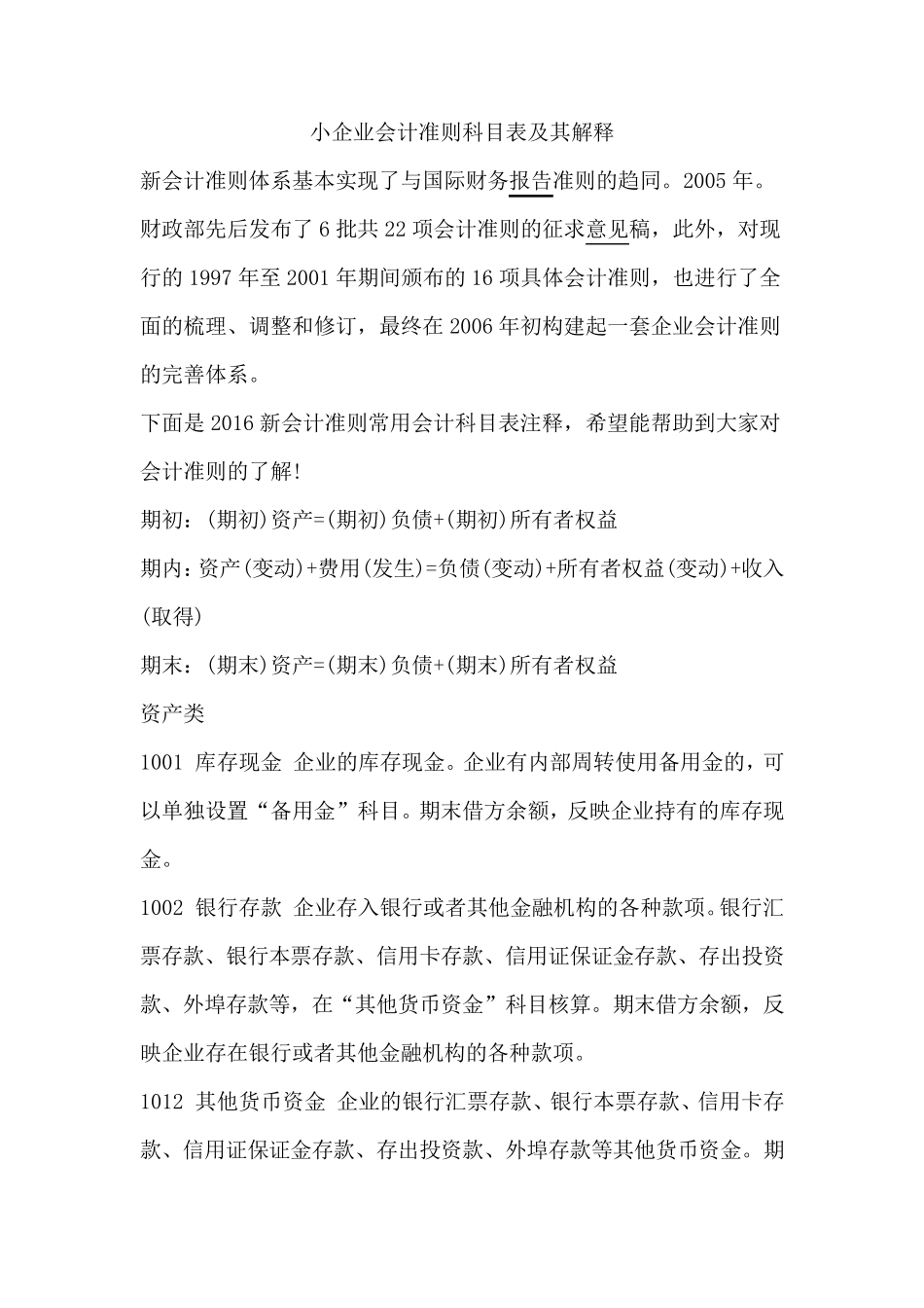 2018小企业会计准则科目表及其解释_第1页