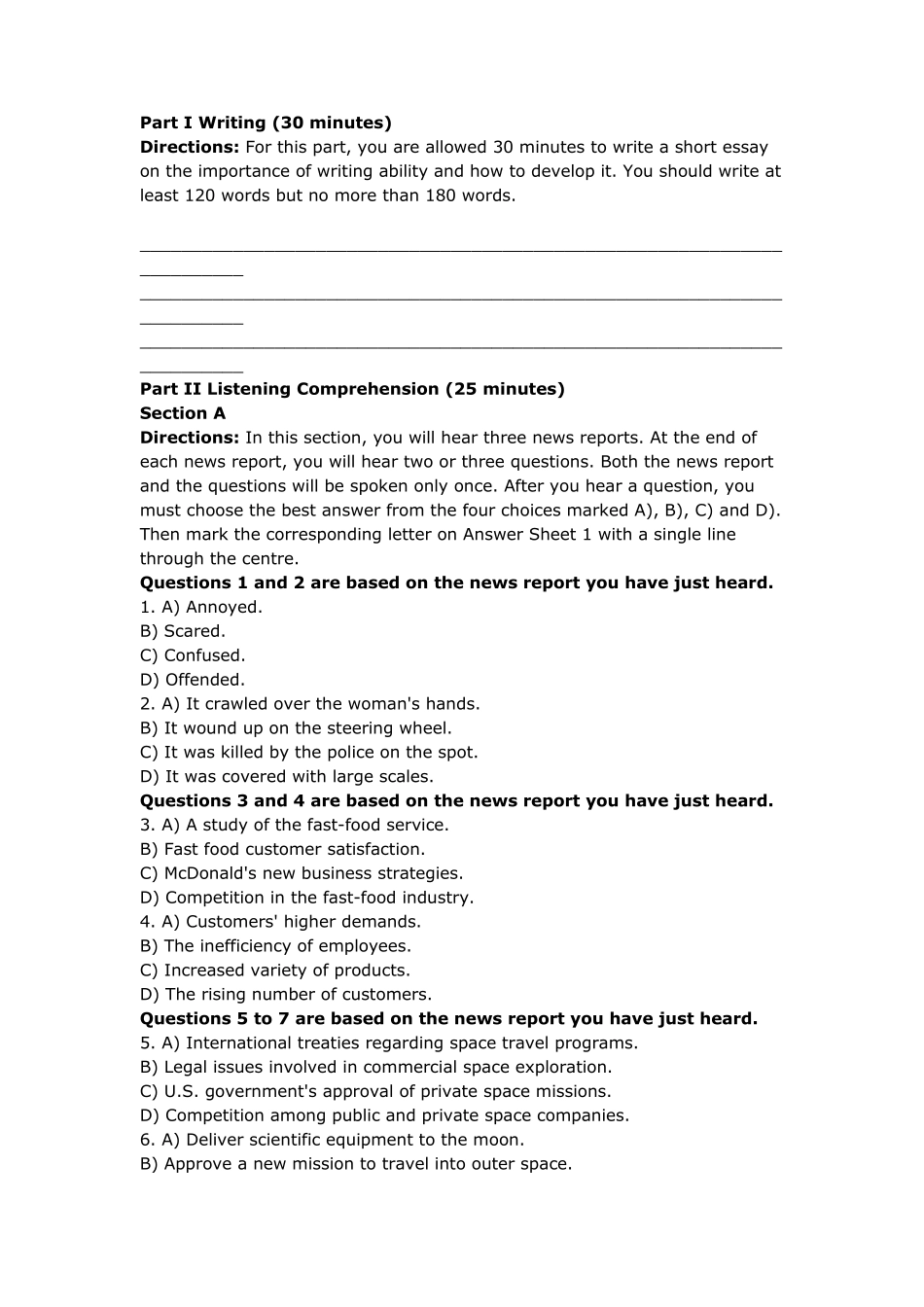 2018年6月大学英语四级考试真题(第二套)及答案_第1页