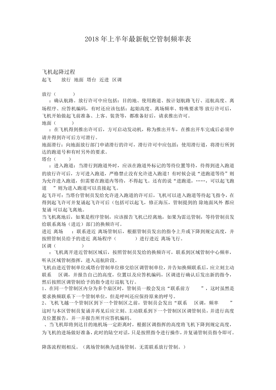 2018年上半年最新航空管制频率表_第1页