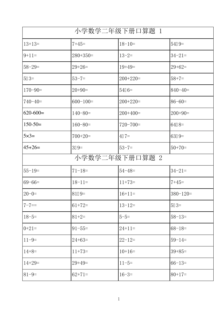 2018年二年级数学下册口算练习每天40道共56天_第1页