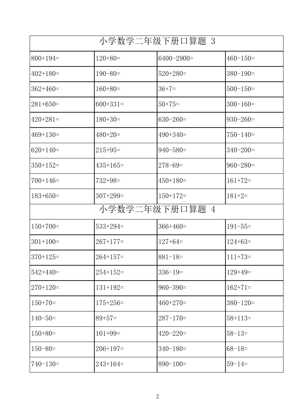 2018年二年级数学下册口算练习每天40道共56天_第2页