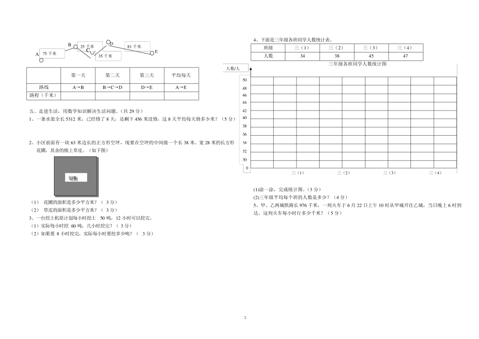 2018年人教版三年级下册数学试卷及答题卡_第2页