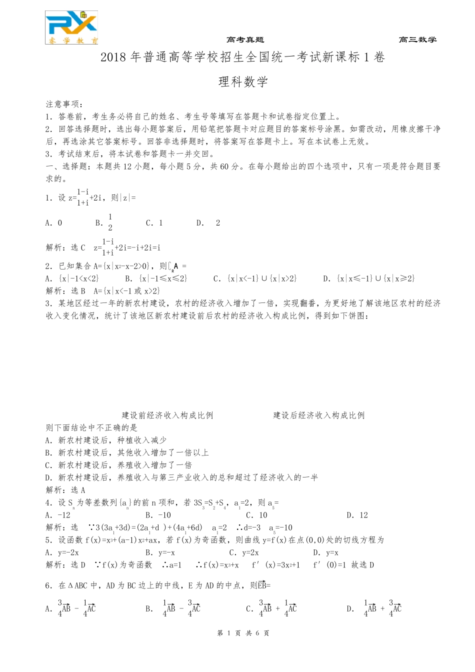 2018年全国高考新课标1卷理科数学试题_第1页