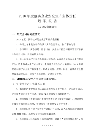 2018年度XX安全生产主体责任履职报告