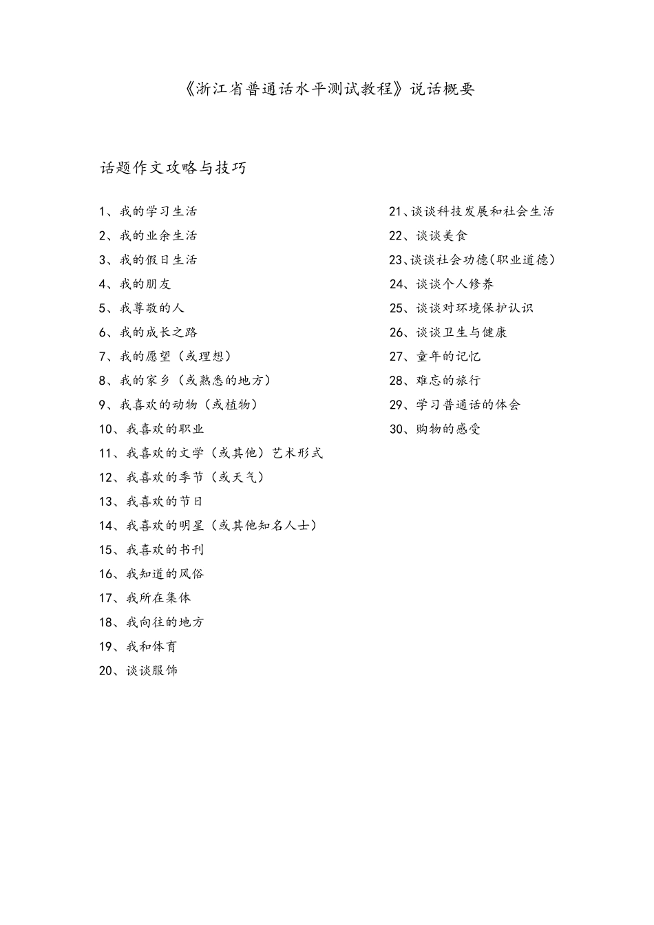 2018年普通话水平测试30个经典话题及范文_第1页