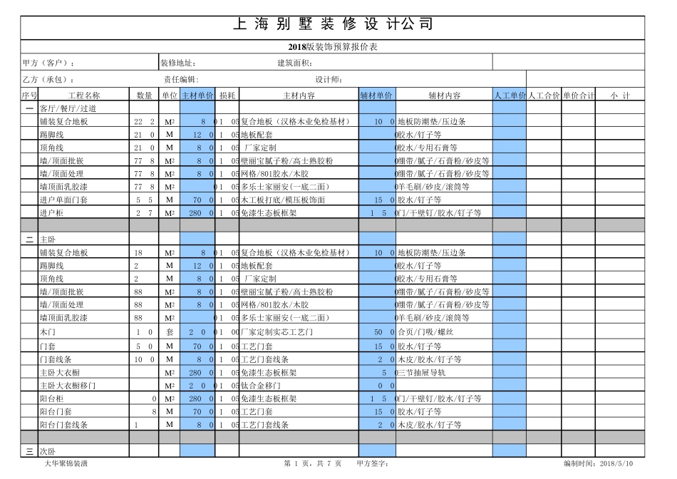 2018年最新别墅装修预算报价表_第1页