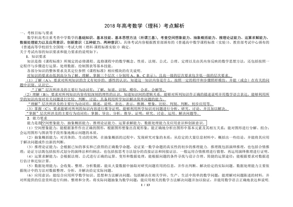 2018年高考数学(理科)考点解析及考点分布表_第1页
