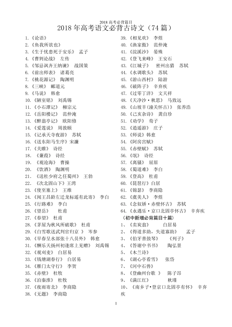 2018年高考语文必背古诗文_第1页