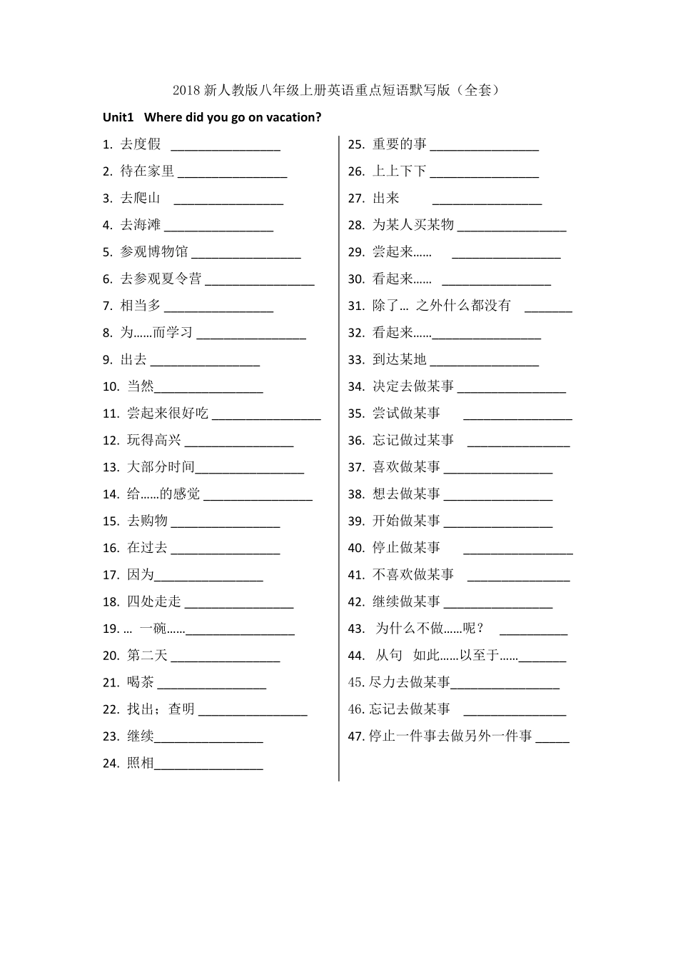 2018新人教版八年级上册英语重点短语默写版()_第1页