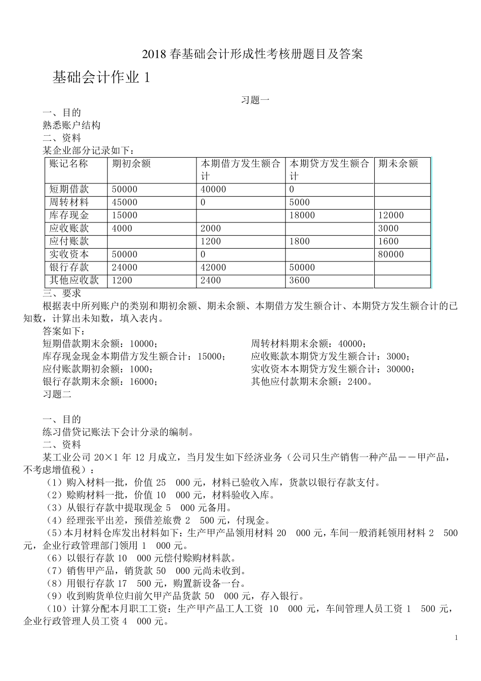 2018春基础会计形成性考核册最新答案_第1页