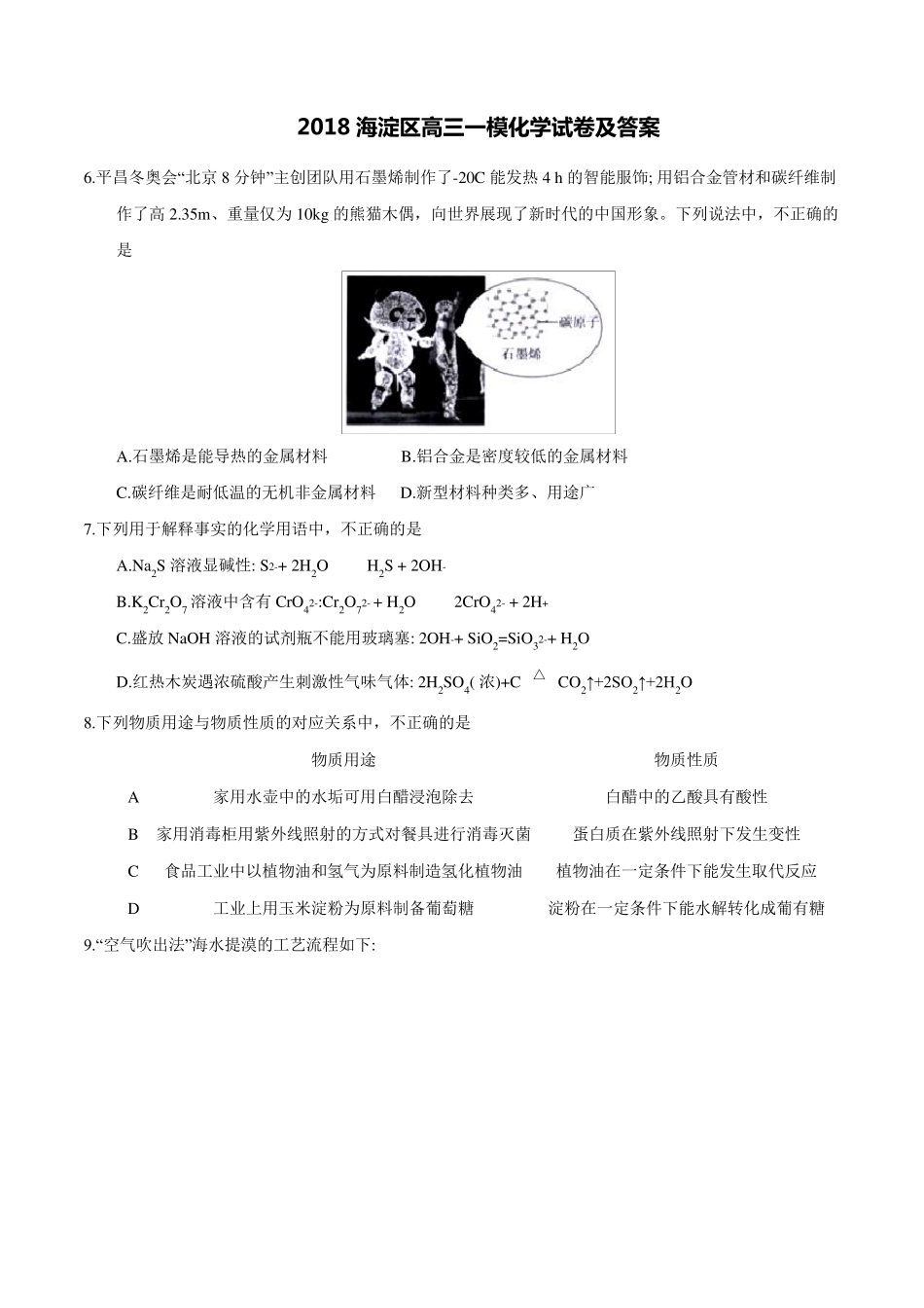 2018海淀区高三一模化学试卷及答案_第1页