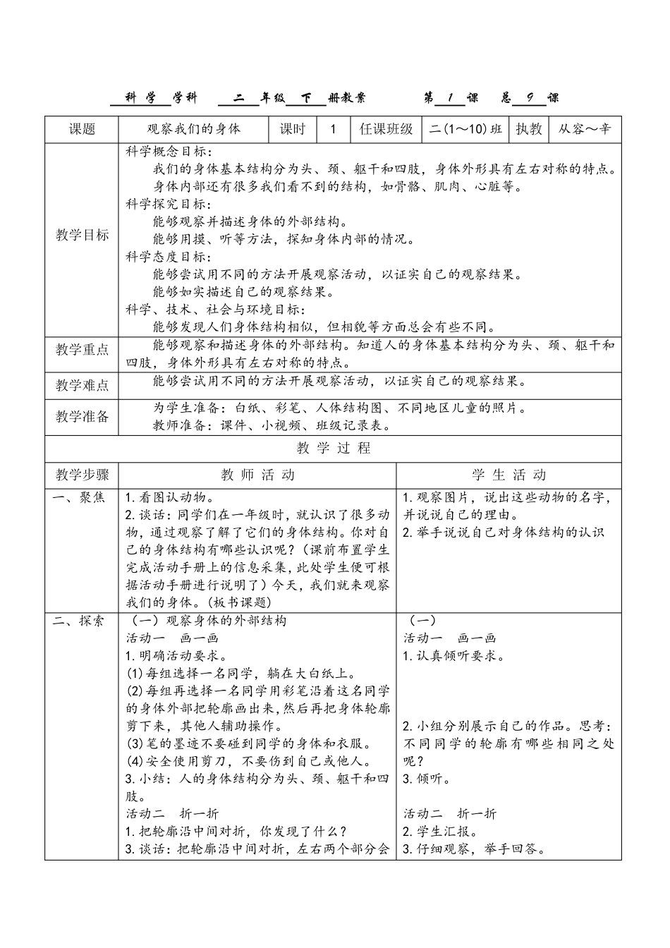 2018版二年级下册科学教科版第二单元《我们自己》教案_第1页