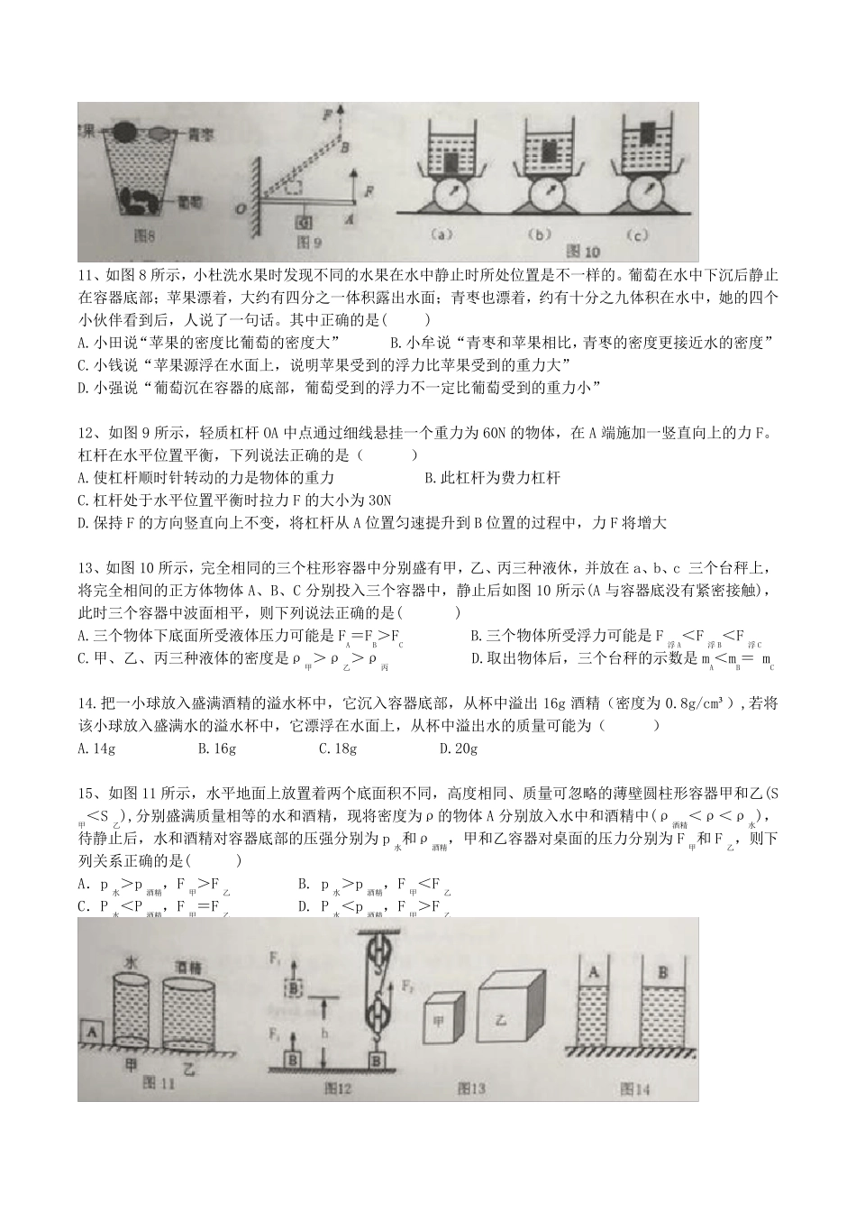 20192020学年重庆八中初二(下)期末考试物理试题_第3页
