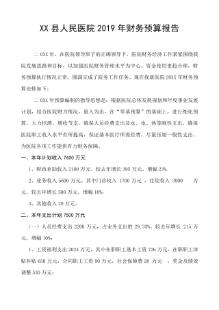 2019医院财务预算报告
