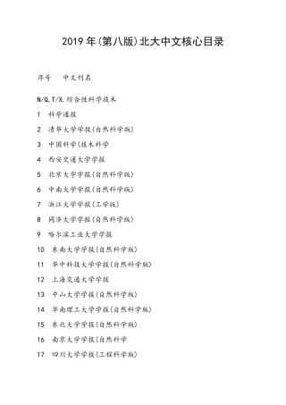 2019年(第八版)北大中文核心期刊目录