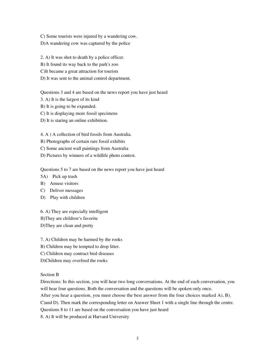 2019年12月大学英语四级考试真题及答案(第一套)_第2页