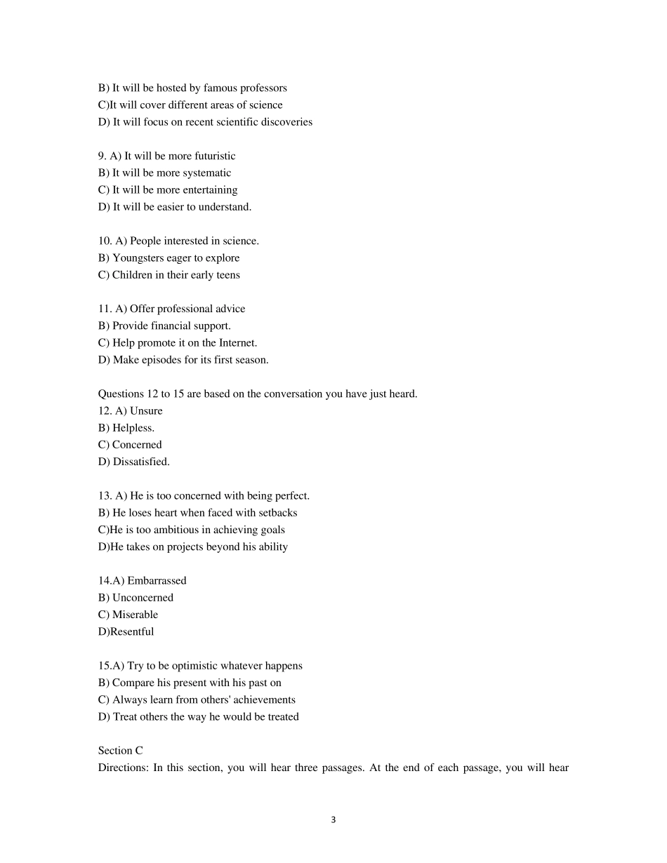 2019年12月大学英语四级考试真题及答案(第一套)_第3页