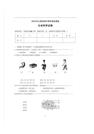 2019年上海市初中学生学业考试生命科学试卷(PDF有答案)