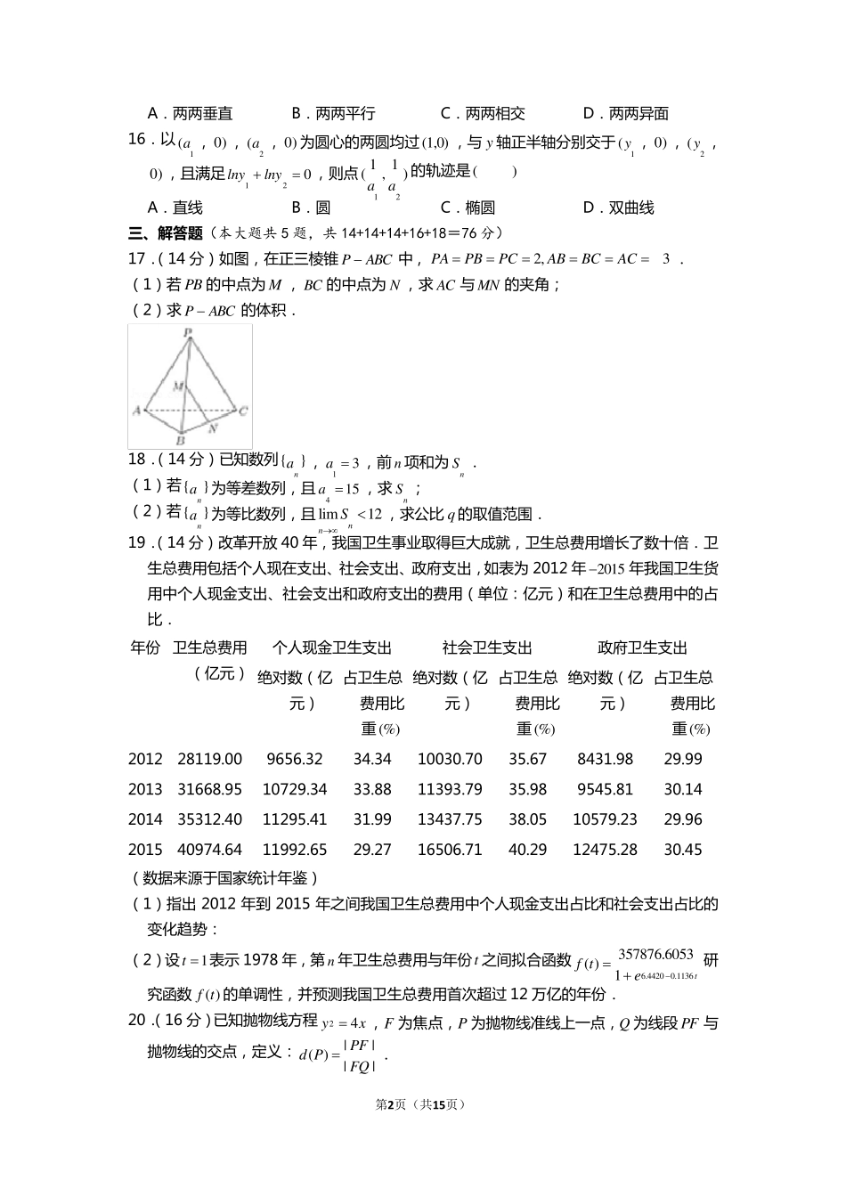 2019年上海市春季高考数学试卷word版含参考答案及解析_第2页
