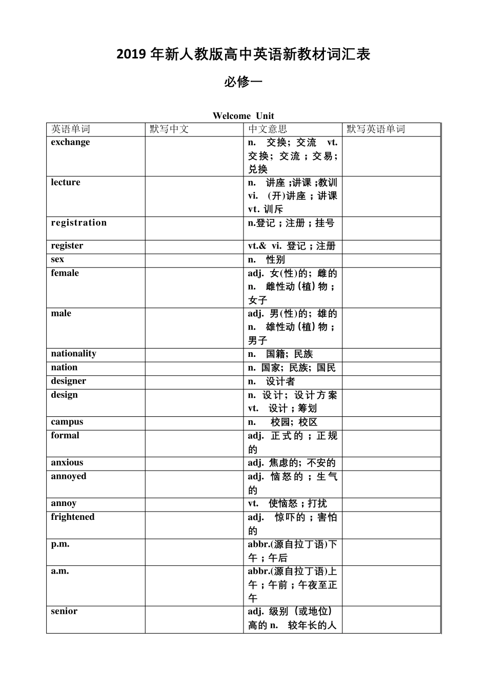 2019年人教版新高一英语必修一单词表默写版_第1页