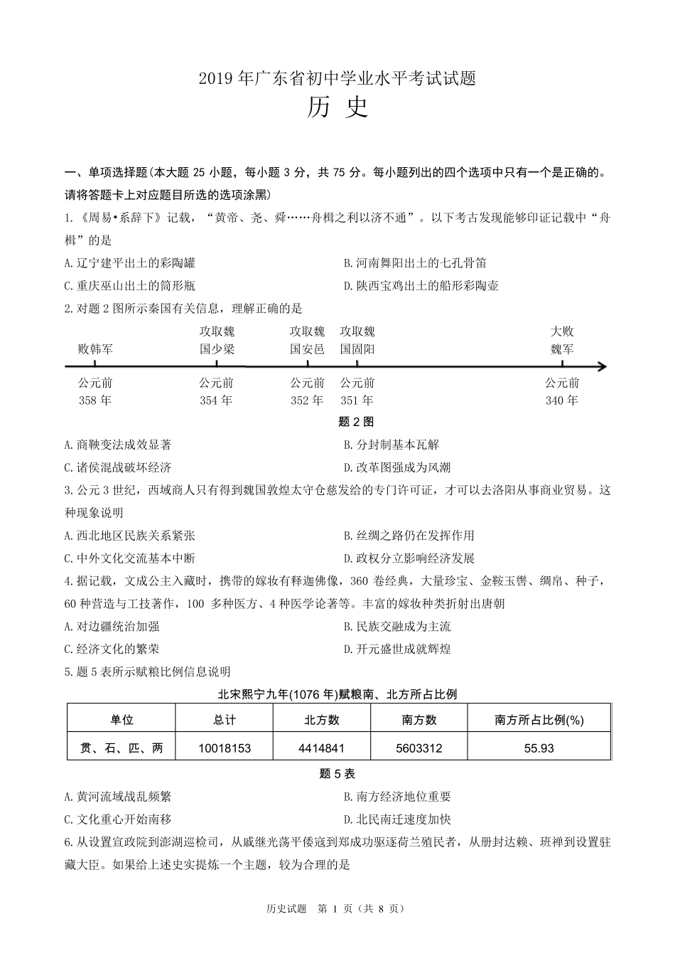 2019年广东省中考历史试题_第1页