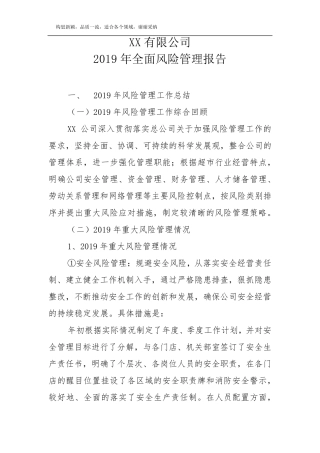 2019年度全面风险管理报告