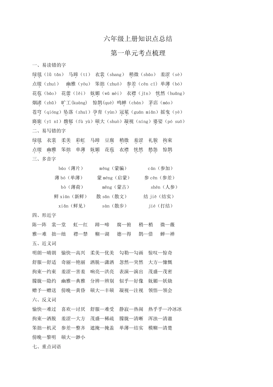 2019年部编版语文六年级上册知识点总结_第1页