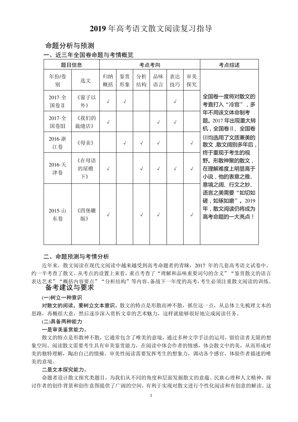 2019年高考语文散文阅读复习指导(最适用、最详细)_第1页