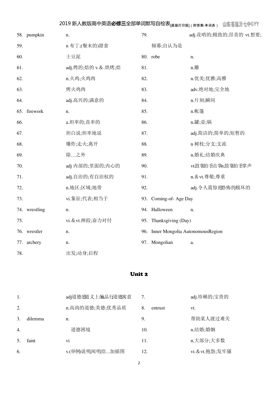 2019新人教版高中英语必修三全部单词默写自检表+答案(必修三词汇表)_第2页